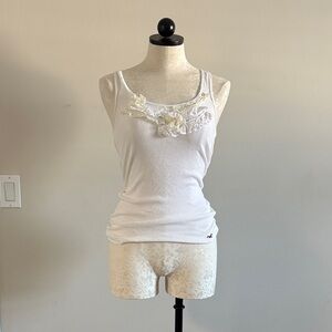 Hollister White Tank Top with Floral Detail